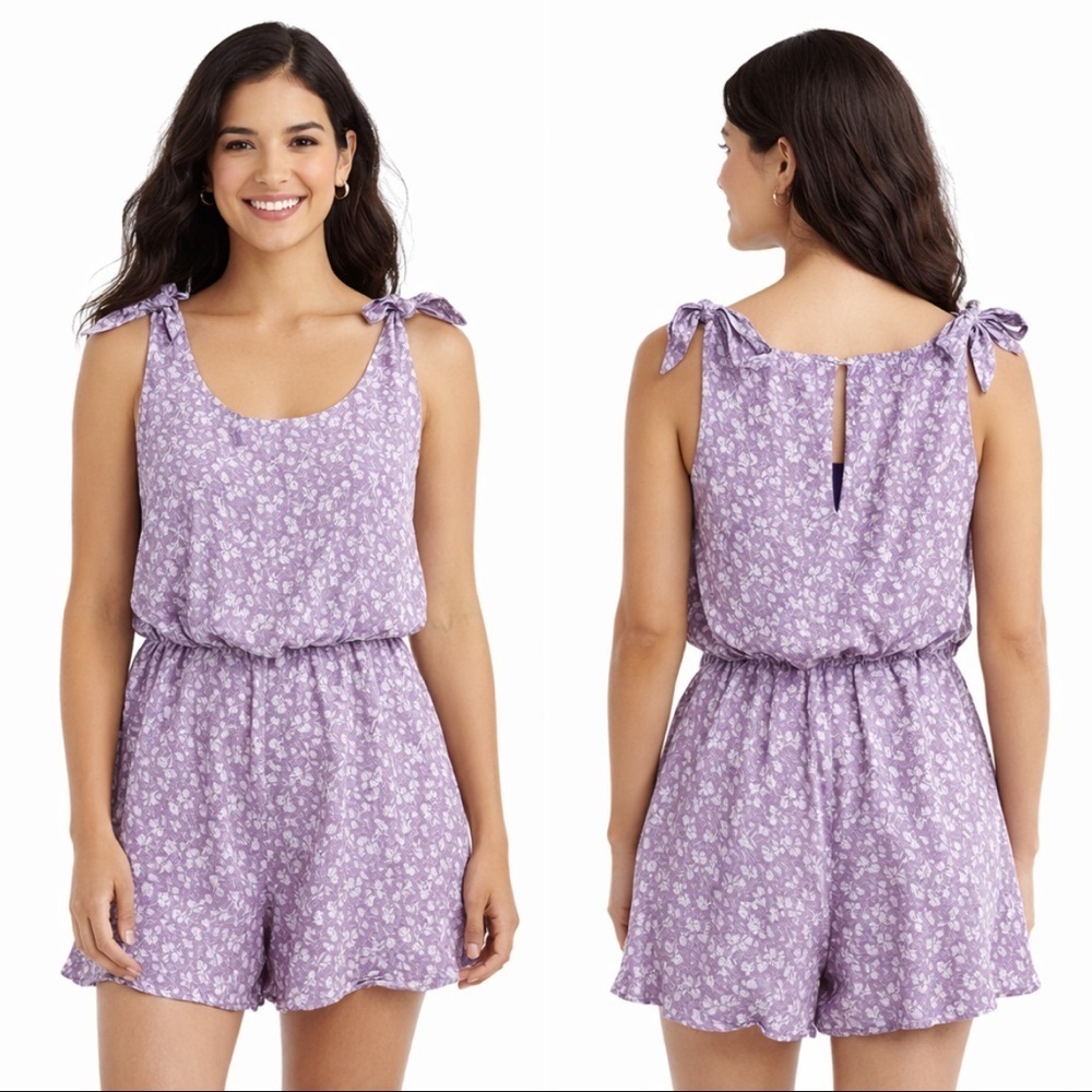 She +Sky Romper Shoulder Ties Lilac Lavender Floral Medium Flowy Flirty Breezy